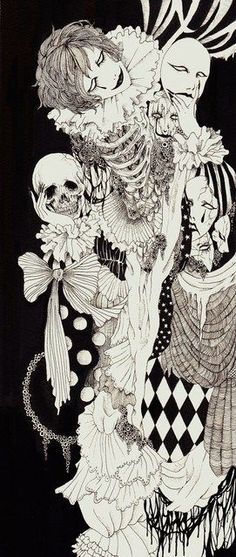 a black and white drawing of a woman with skulls on her head, wearing a dress