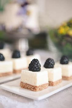 small desserts with blackberries and cheesecake toppings on a white platter