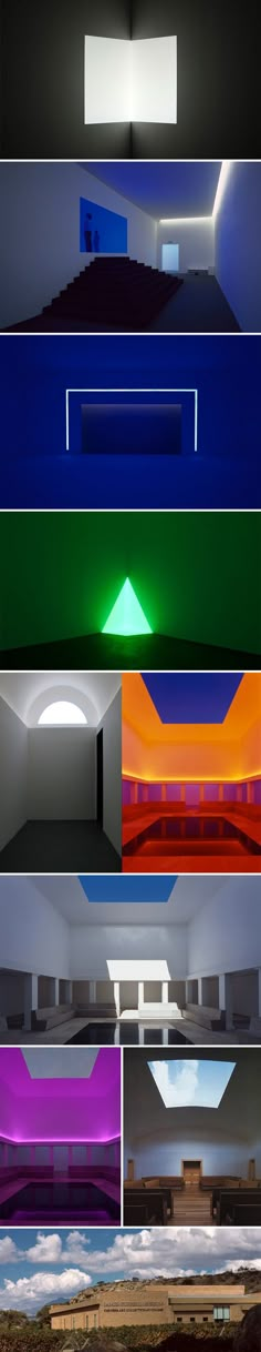 multiple images of different colors and shapes in an empty room