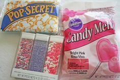 three bags of candy, one pink and one white