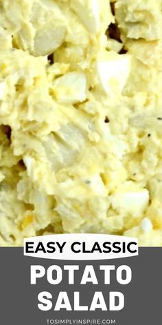 potato salad with text overlay that reads easy classic potato salad in white and black