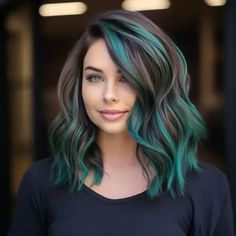 Turquoise Streaks In Hair, Dark Brown Hair With Green Peekaboos, Teal Green Highlights, Brunette Hair With Color Streaks, Dark Brown Hair With Vivid Color, Dark Brown Hair With Teal Highlights, Brown Hair With Teal Underneath, Colorful Hair Ideas For Brunettes, Green Hair Bangs