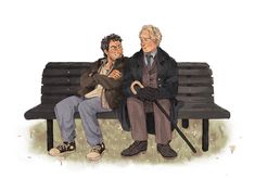 two older men sitting on a park bench next to each other, one holding an umbrella