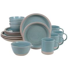 a set of blue dishes and cups on a white background