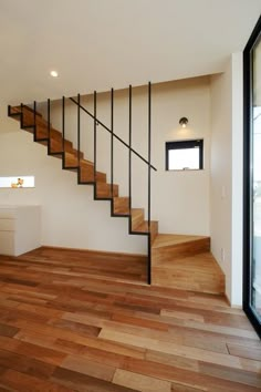 an empty room with wooden floors and stairs