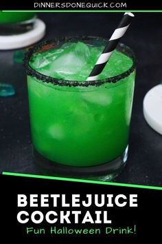 Halloween drinks Halloween Themed Adult Drinks, Beetlejuice Alcoholic Drink, Halloween Mojito Recipe, Beetlejuice Themed Drinks, Green Mixed Drinks Alcohol, Beetlejuice Drinks For Kids, Alien Themed Cocktails, Beetlejuice Jello Shots