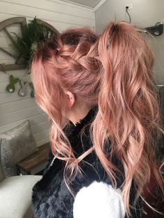 Pink Hair In Ponytail, Rose Gold Hair Aesthetic, Long Rainbow Hair, Dusty Rose Pink Hair, Brown Hair Pink Ends, Pink Hair Updo, Pink Hair Inspiration, Pink Hair Ponytail, Dusty Pink Hair