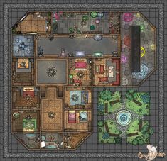 an overhead view of a house with lots of furniture and decorations on the floor plan