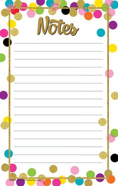 a notepad with confetti on it and the words notes written in gold foil