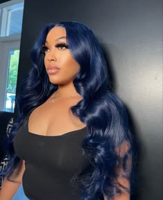 Navy Blue Hair Outfits, Navy Blue Hair Black Women, Dark Blue Wigs For Black Women, Dark Blue Wig, Midnight Blue Hair, Blue Lace Front Wig, Royal Blue Hair, Blue Black Hair, Frontal Wig Hairstyles