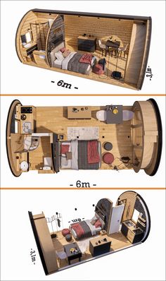 two views of the inside and outside of a small houseboat with an open floor plan