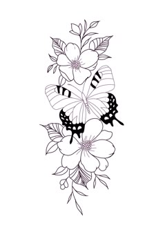 a black and white drawing of flowers with butterflies