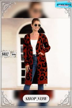 Leopard Knit Cardigan Sweater Coat Chic Fall Cardigan, Chic Acrylic Fall Cardigan, Knitted Acrylic Sweater Coat For Fall, Fall Knitted Acrylic Sweater Coat, Chic Brown Long Sleeve Sweater Coat, Fall Acrylic Knitted Sweater Coat, Knit Cardigan With Pockets For Fall, Fall Knit Cardigan With Pockets, Oversized V-neck Acrylic Outerwear