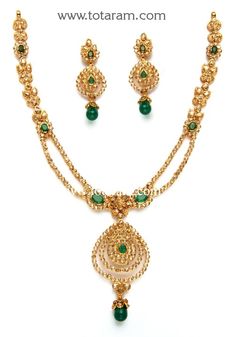 22 Karat Gold Necklace & Drop Earrings Set with Uncut Diamonds,Emerald & Onyx Beads
   - 235-DS410 - in 38.750 Grams for USD $4612.95. 
Made in India by Totaram Jewelers Online this product is in Gold - 22 Karat BIS Hallmark 916 KDM Gold  & is an excellent gift for Adult - Women. Ships fully insured with secured guaranteed delivery for free with your order over $250 from New Jersey USA & comes with 30 days exchange policy. Antique Haram, Uncut Diamond Necklace, Indian Gold Jewelry, 22k Gold Necklace, Antique Gold Jewelry Indian, Gold Necklace Indian, 22k Gold Jewelry, Antique Pins, Fashion Content