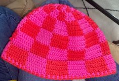 "💕❤️ pink and red checkered bucket hat with a trim. Slightly less flared brim for a cute shape 🌈 cute bright funky look for spring and summer  ❤️ hand wash and air dry  📏 2\" brim, 3\" side height, 7.25\" top" Playful Red Hat For Spring, Playful Red Spring Hat, Trendy Pink Crochet Hat With Curved Brim, Playful Pink Crochet Hat, Pink Crochet Hat, Fun Style, Fun Pink Beanie Hat, Playful Pink Beanie Hat, Red Brimmed Crochet Hat For Spring, Playful Red Bucket Hat