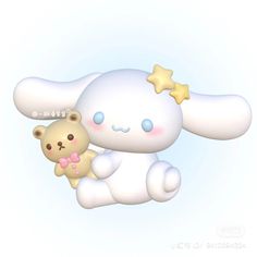 a white stuffed animal holding a teddy bear in the air with stars on its ears