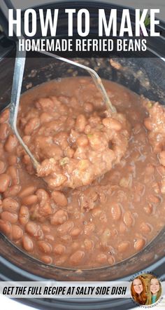 how to make homemade refried beans in the crock pot with text overlay