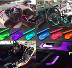 the interior of a car with different colors and designs on it, including steering wheel covers