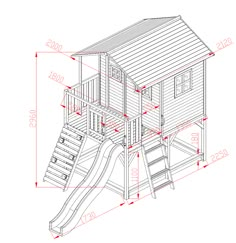 a wooden play house with a slide and stairs on the bottom floor, measurements for each section