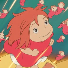 a cartoon character with red hair and lots of monkeys flying around her, in the air