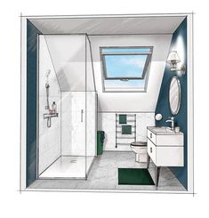 a drawing of a bathroom with a skylight above the sink and toilet area, along with a green rug on the floor