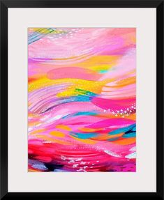 an abstract painting with pink, yellow and blue colors