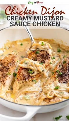 chicken dish with creamy mustard sauce in a white bowl