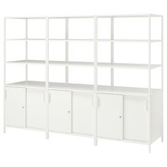 a white bookcase with four shelves and two doors