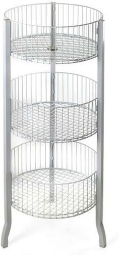 three tiered metal basket stand with wheels on the top and bottom, in front of a white background