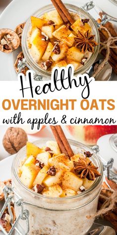 Text reads Healthy Overnight Oats With Apples & Cinnamon Overnight Apple Cinnamon Oats, Overnight Oats With Apples, Fall Overnight Oats, Overnight Oats No Yogurt, Rolled Oats Recipe Overnight, Cinnamon Apple Overnight Oats, Apple Cinnamon Overnight Oats, Healthy And Easy Breakfast, Cinnamon Overnight Oats