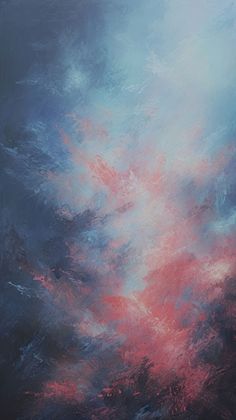 an abstract painting with blue, pink and white clouds in the sky on a black background