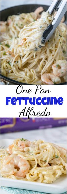 one pan fettuccine alfredo with shrimp and parmesan cheese on top