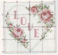 a cross stitch pattern with pink flowers on the center and green leaves in the middle