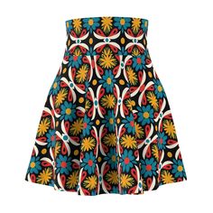 "A versatile fit skater skirt with a cozy, soft touch and a casual look. Inspired by the freedom of creativity, it will instantly become your everyday favorite. Description: \"Colorful Floral Mexican Inspired Pattern\" Women's Skater Skirt .: 95% Polyester 5% Spandex - Polyester fibers are extremely strong, resistant to most chemicals, stretching and shrinking .: Double waist - 4\" wide high-rise elastic waistband .:4-way stretch - Giving extra freedom of movement for both crosswise and lengthwise grains .: Versatile fit .: Flatlock stitching - Flatlock stitching makes the seams as flat as possible .: Printed on care label in black color .: White thread color .: Assembled in the USA from globally sourced parts SIZING GUIDE: XS Waist width, in - 12.52 Length, in - 14.49 S Waist width, in - Boho Mode, Art Clothing, Art Clothes, Skater Skirt, Polyester Spandex, Folk Art, Casual Looks, Boho Fashion, Womens Skirt