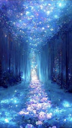 an image of a blue forest with flowers on the ground and stars in the sky