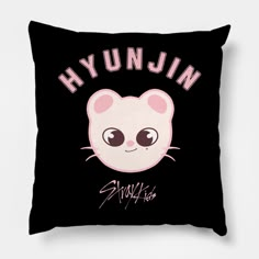 a black pillow with an image of a cat on it's face and the words h