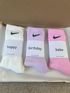 Happy birthday Nike crew socks box. gift. "babe" can be changed to any name.  Brand new Nike crew socks hand dyed Size 2-4 5-8 and 8-11 uk sizes in box with labels lilac  white baby pink please message to change colours Playful Pink Socks For Gift, Playful Pink Socks For Gifts, Personalized White Socks Gift, Nike Crew Socks, Happy Birthday Babe, Nike Gifts, Happy Birthday Gift, Lilac White, Nike Socks