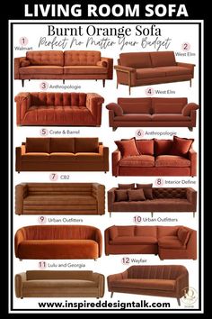 the different types of orange sofas are shown in this poster, with instructions to choose them