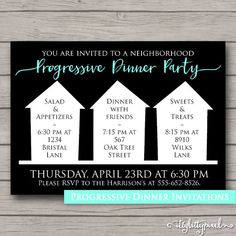 a black and white flyer for a progressive dinner party with three houses in the background