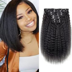 PRICES MAY VARY. 【High Quality】:This Kinky Straight Clip In Hair Extensions Is Made of 100% Remy Human Hair.Just Like Your Own Hair,Which Is Natural,Soft and Breathable.It Can Be Washed,Permed,Cut,Colored,Flat Ironed 【Hair Texture】:Kinky Straight Clip In Human Hair, The Color Is 1B/Natural Black,Well Crafted Double Wefts.120G/Set.10 Pcs/Set With 22 Clips Attached,Product Life: 6 to12 Months With Proper Care 【Premium Clips】:Stainless Steel Clips Can Last a Long Time,Double Thread Sewn at 2 Parts Straight Clip Ins, Hair Extensions For Black Women, Extensions For Black Women, Hair Clip In Extensions, Sew In Hair Extensions, Yaki Hair, Curly Clip Ins, Straight Hair Extensions, Real Human Hair Extensions