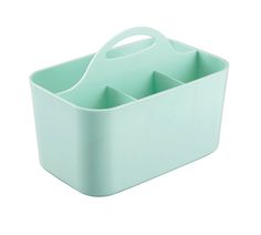 a mint green plastic container with four compartments