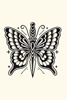 a black and white drawing of a butterfly with an arrow on it's wings