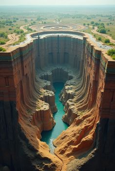 an aerial view of a large body of water surrounded by rocks and cliffs in the desert