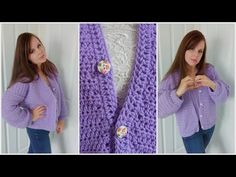 a woman wearing a purple crochet scarf with buttons on the front and back