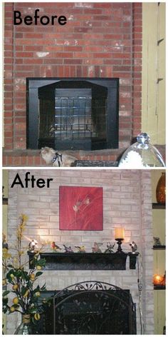 before and after pictures of a brick fireplace