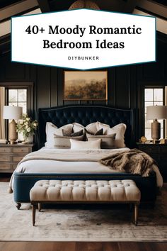 a bedroom with black walls and white bedding is featured in the article, 40 + moody romantic bedroom ideas