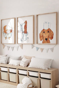 brown neutral bathroom art dog dachshund Little Boys Bathroom Art, Dog Theme Bathroom, Brother Sister Bathroom Ideas, Dog Bathroom Art, Baby Boy Bathroom Ideas, Gender Neutral Bathroom For Kids, Dog Themed Bathroom, Kids/guest Bathroom, Toddler Bathroom Ideas