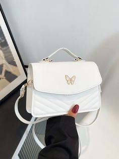 White Fashionable Collar  PU Leather Plain Square Bag Embellished   Women Bags Small White Handbag, Everyday Handbag, White Handbag, Luxury Designer Handbags, Mua Sắm