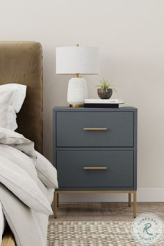 a night stand with two drawers and a lamp on top of it next to a bed