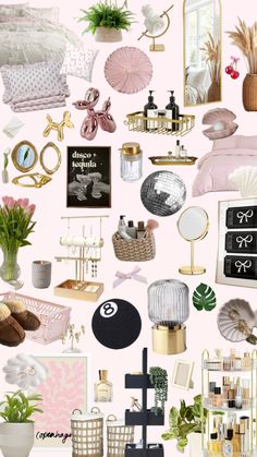 a collage of pink and gold items